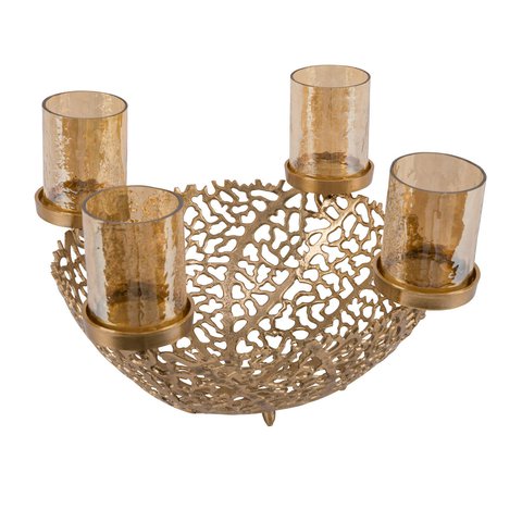 Bowl Decor With 4 Bases Candle Holder Gold Amber