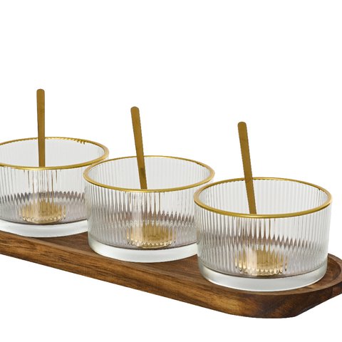 Tapas Set Acacia Wood With Glass Bowls & Spoon