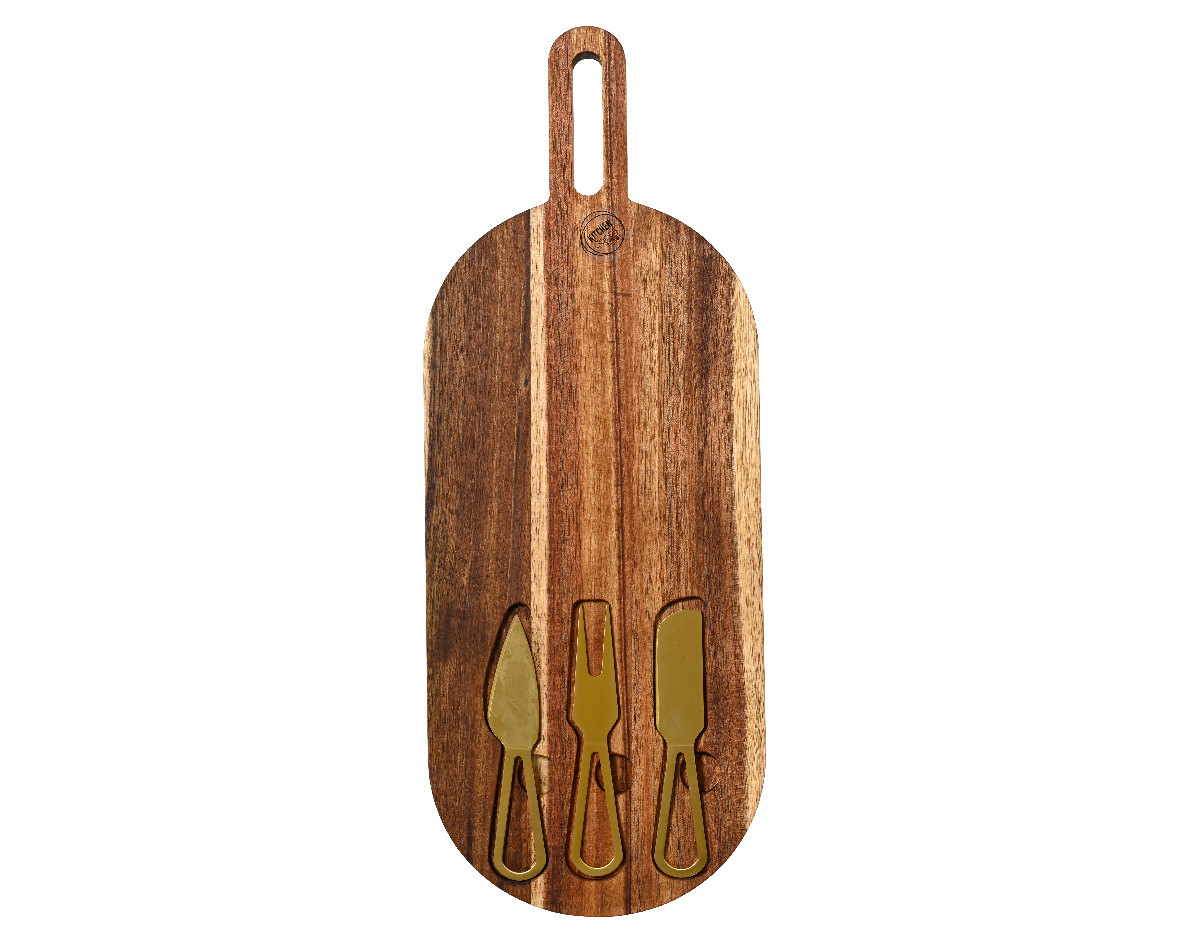 Cutting Board Acacia Wood Oval With 3 Gold Knives