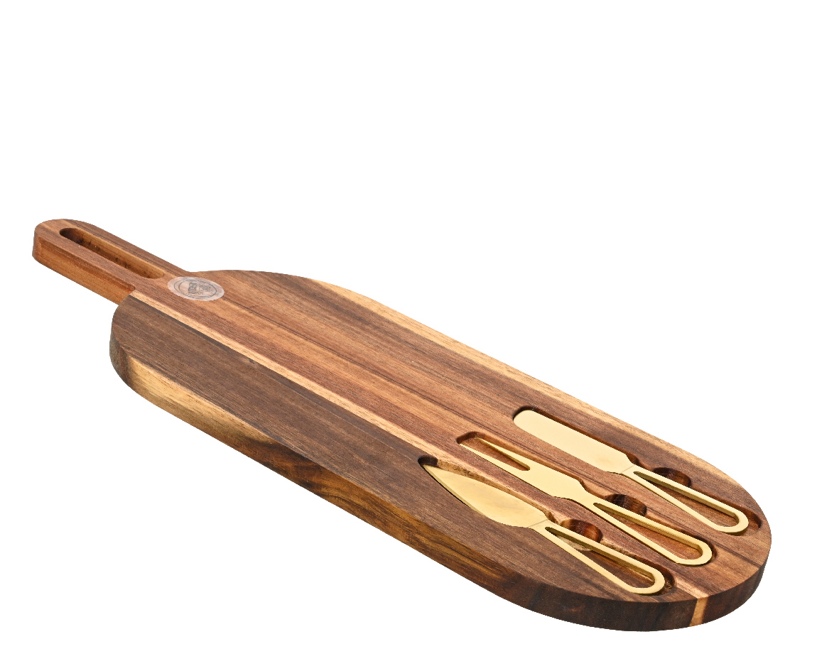 Cutting Board Acacia Wood Oval With 3 Gold Knives