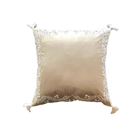 Cushion Velvet Embroidered With Tassels Beige