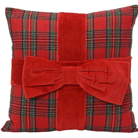Xmas Cushion Check With Bow Red