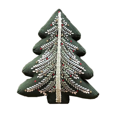 Cushion Christmas Tree Shape Embroidered Green
