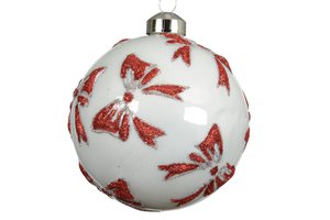 Xmas Balls Enamel White With Red Bow