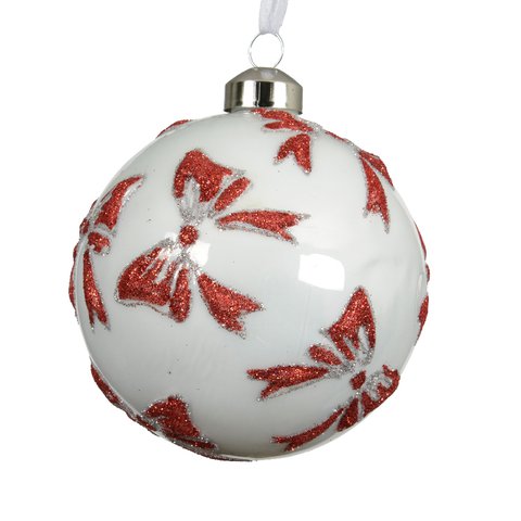 Xmas Balls Enamel White With Red Bow