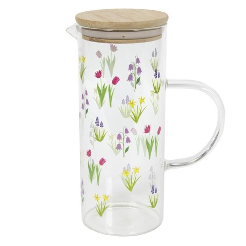 Jug Glass With Bamboo Lid Floral
