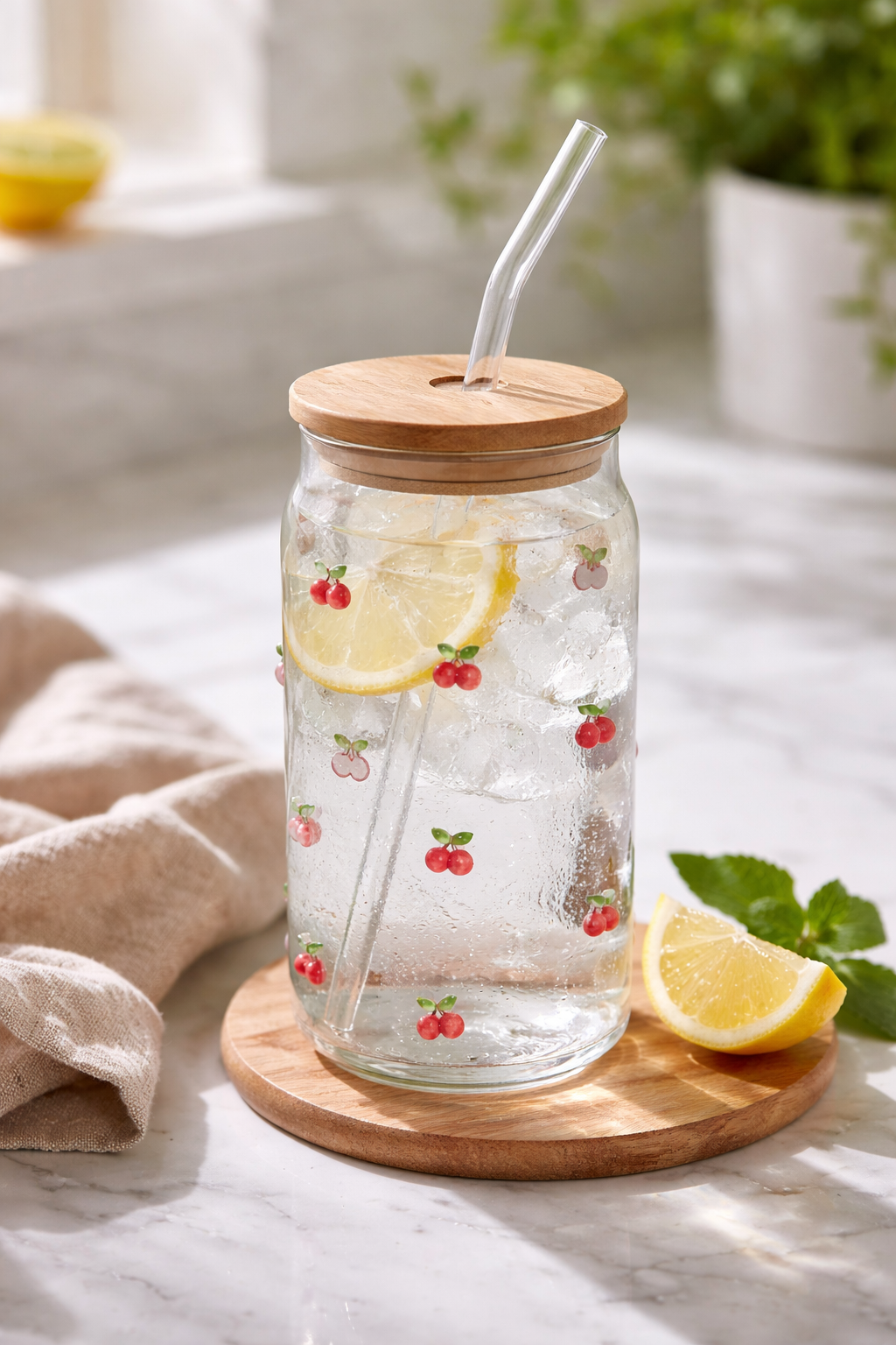 Dringking Glass With Straw Cherry