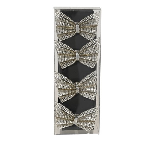 Set 4 Pcs Napkin Ring Bow With Strass Silver