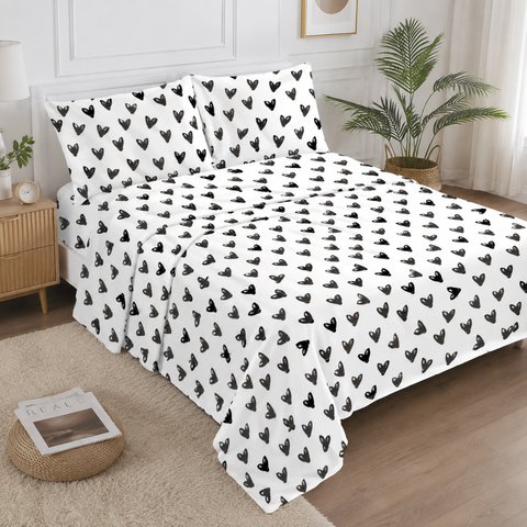 Bed Set Black Hearts Pure Cotton 300 Thread Count