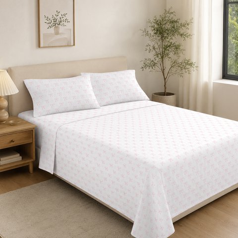 Flannel Bed Set Pink Bows Pure Cotton