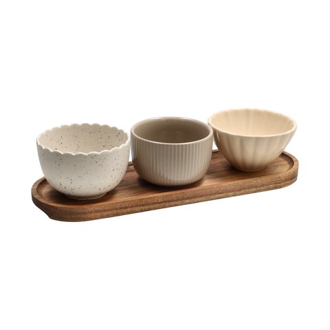 Tapas With Set With 3 Bowls With Oval Tray Beige